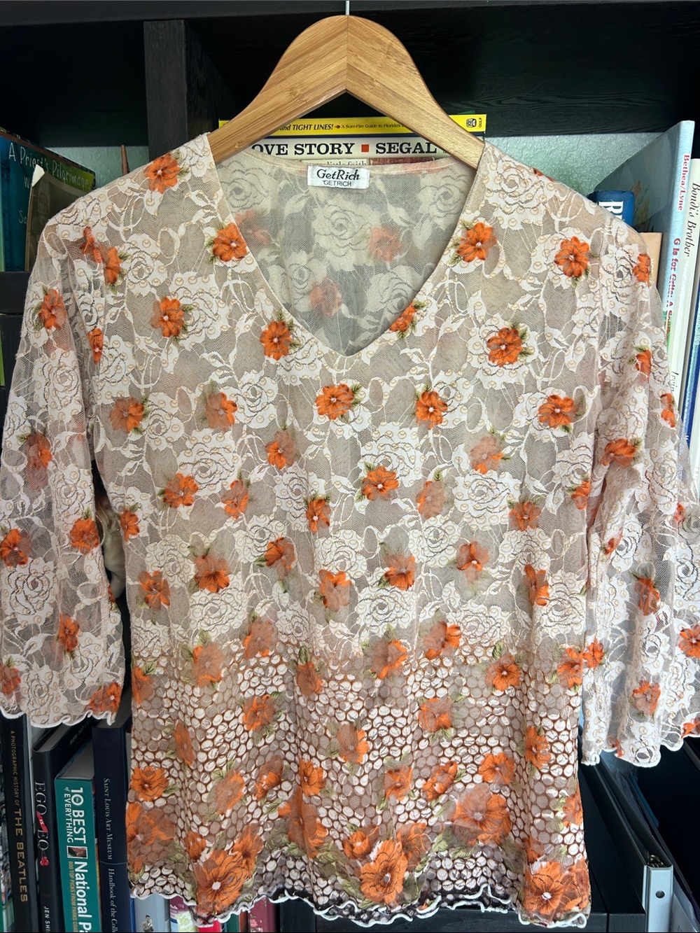 Vintage Sheer see thru Get Rich v neck top with 3/4 sleeves